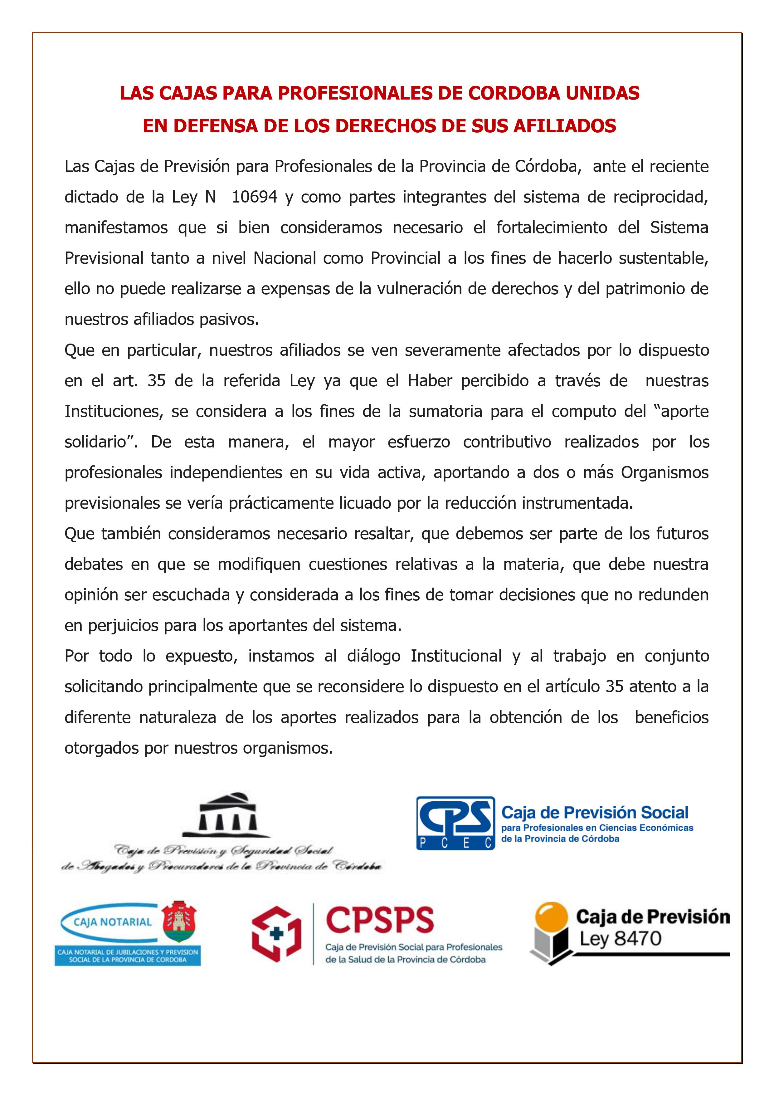 Manifiesto conjunto: Cajas para Profesionales de C�rdoba unidas en defensa de los Derechos de sus Afiliados